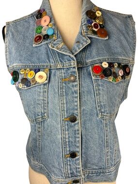Vintage Denim Vest Button Embellished Boho Festival M